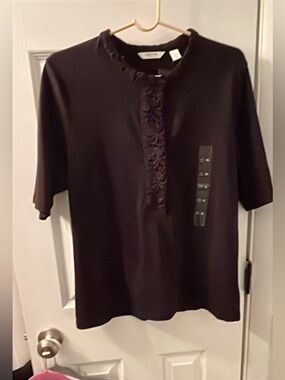 Liz Claiborne Black Short Sleeve Blouse with Lace Trim SzXL 100% Cotton